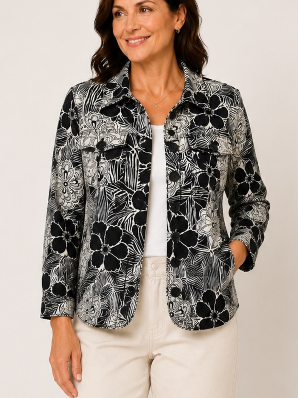 Croft & Barrow Linen Blend Shirt Jacket Black White Floral M